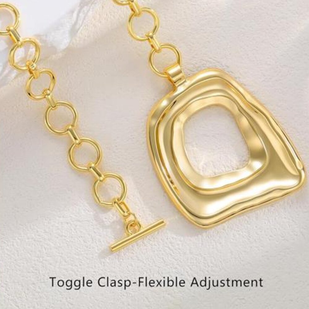 Chunky Gold Square Necklace for Women, 14K Gold Plated Vintage Boho Big Matte - Picture 8 of 11